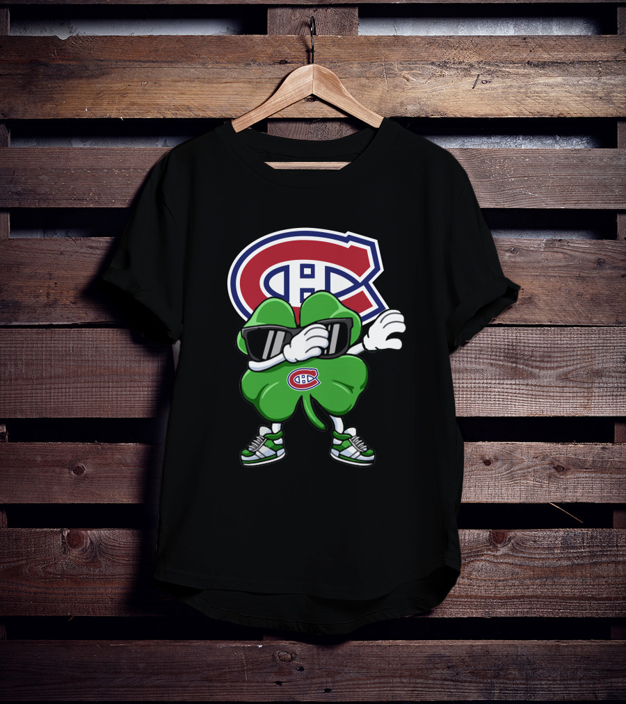Montreal Canadiens Logo With Dabbing Four-Leaf Clover Wearing Sneakers And Sunglasses T-Shirt