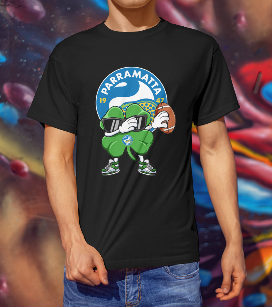 Parramatta Eels 1947 Clover Mascot With Football And Sunglasses T-Shirt