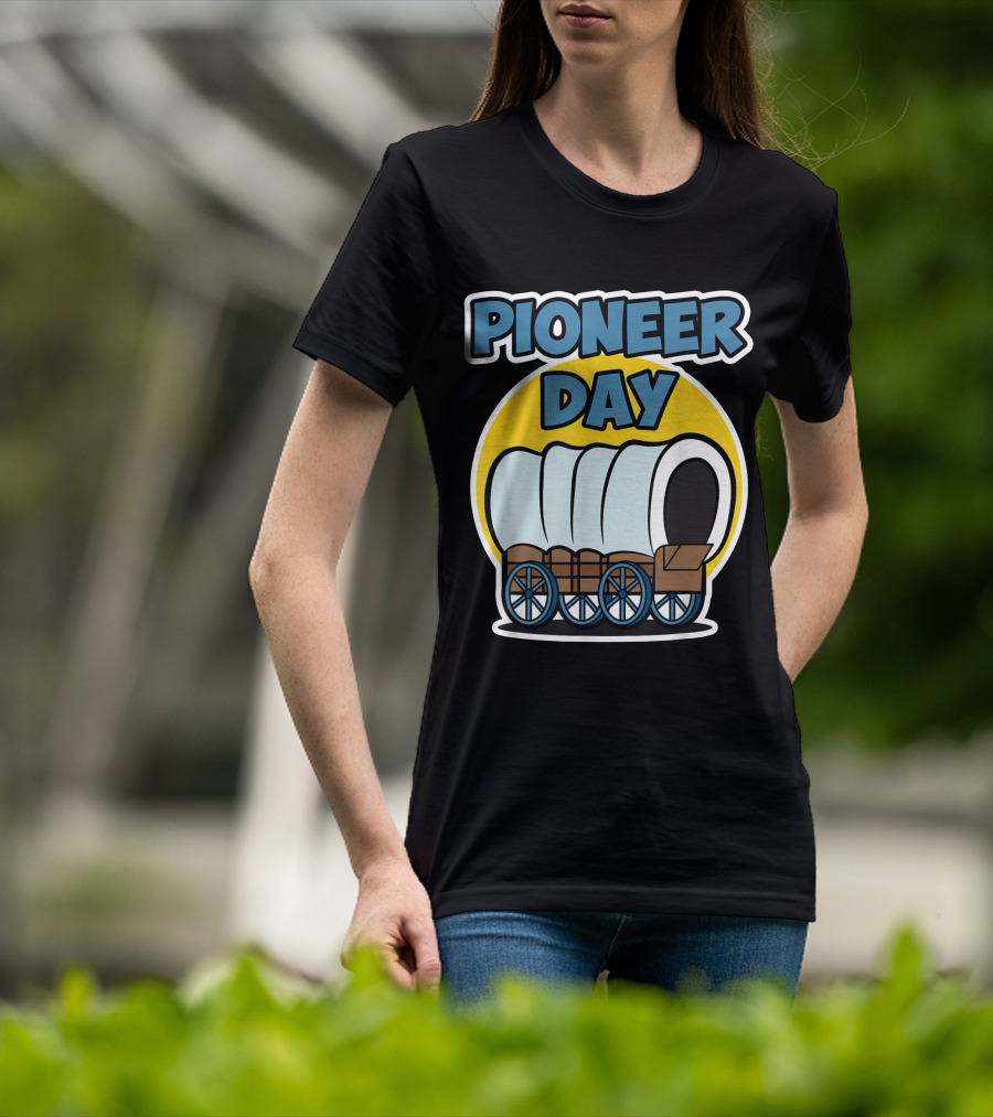 Pioneer Day Covered Wagon Illustration With Bold Lettering T-Shirt