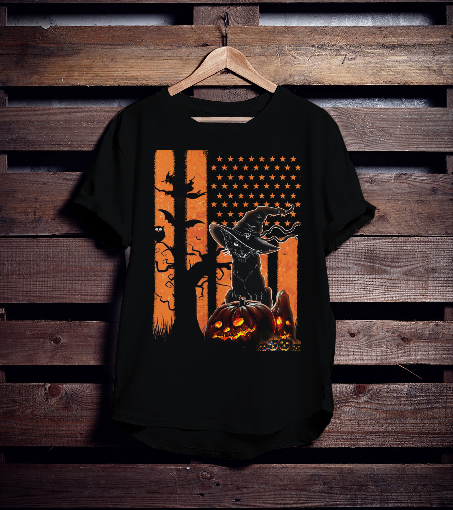 Halloween Black Cat Witch Hat Jack-O'-Lanterns And Stars On Orange Stripes T-Shirt