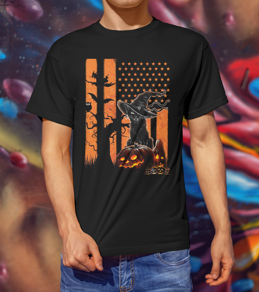 Halloween Black Cat Witch Hat Jack-O'-Lanterns And Stars On Orange Stripes T-Shirt