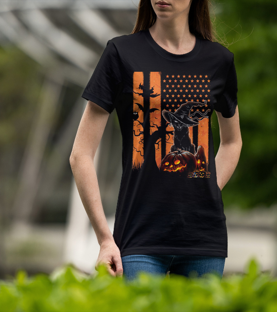 Halloween Black Cat Witch Hat Jack-O'-Lanterns And Stars On Orange Stripes T-Shirt