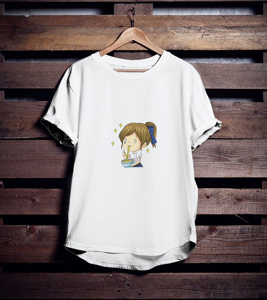 Onlywonderful Anime Girl Eating Ramen With Blue Bow And Sparkles T-Shirt