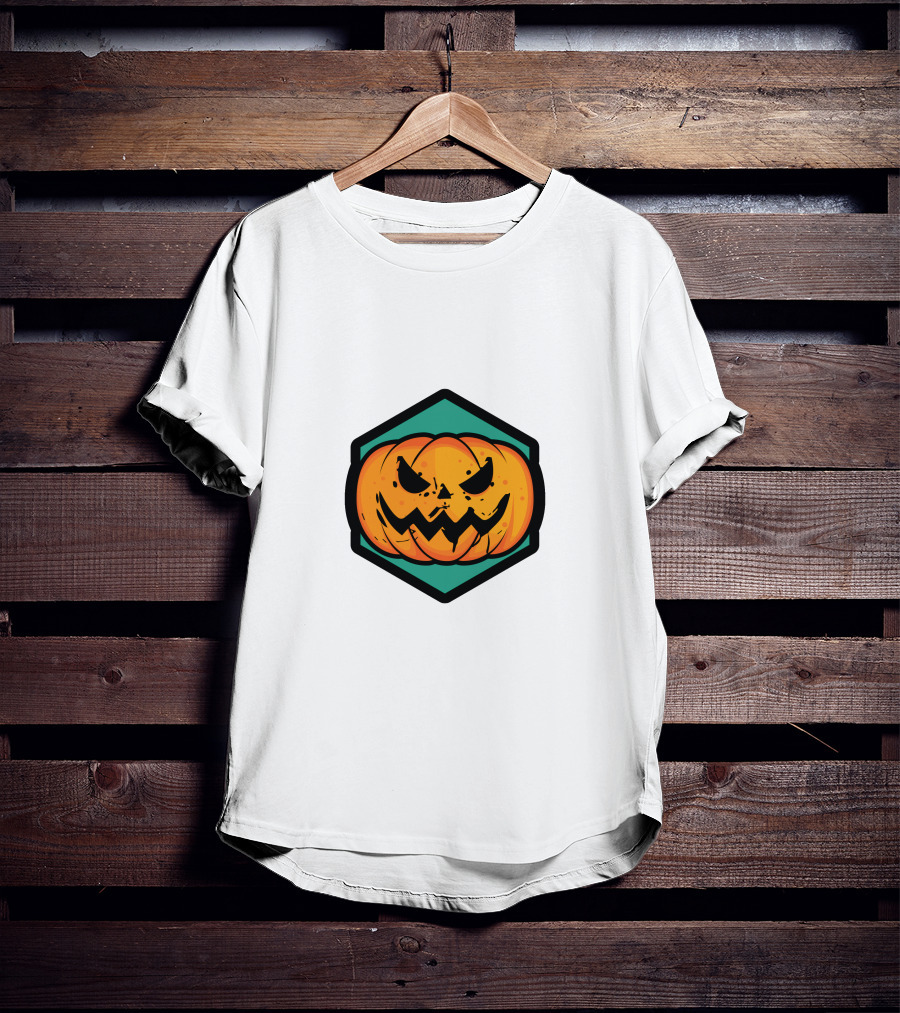 Jack-O'-Lantern Pumpkin Face Hexagon Badge T-Shirt