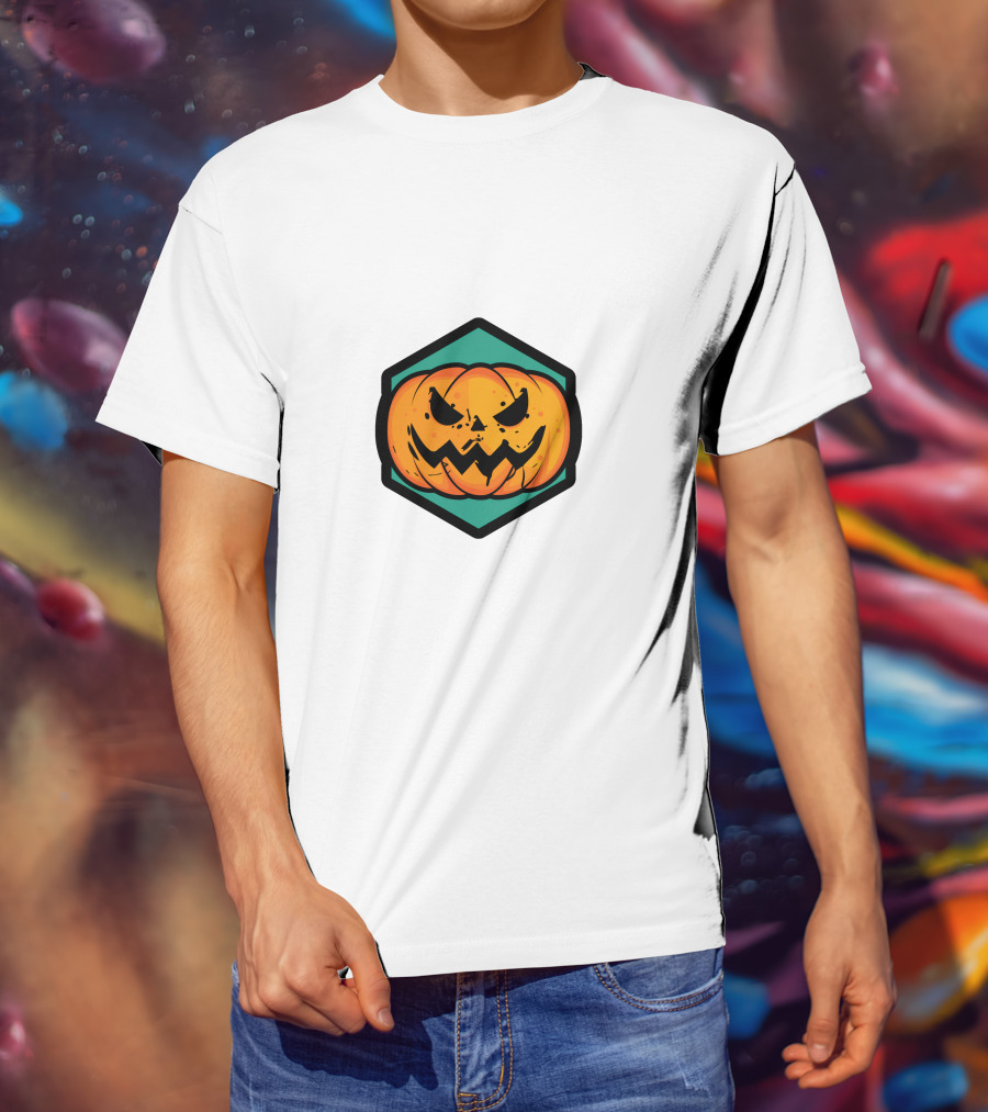 Jack-O'-Lantern Pumpkin Face Hexagon Badge T-Shirt