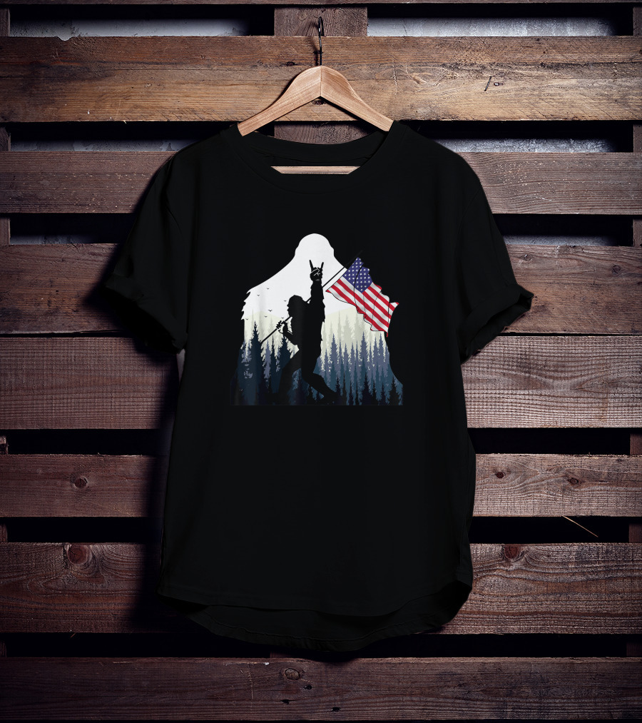 Bigfoot Silhouette With USA Flag And Rock And Roll Pose In Forest T-Shirt