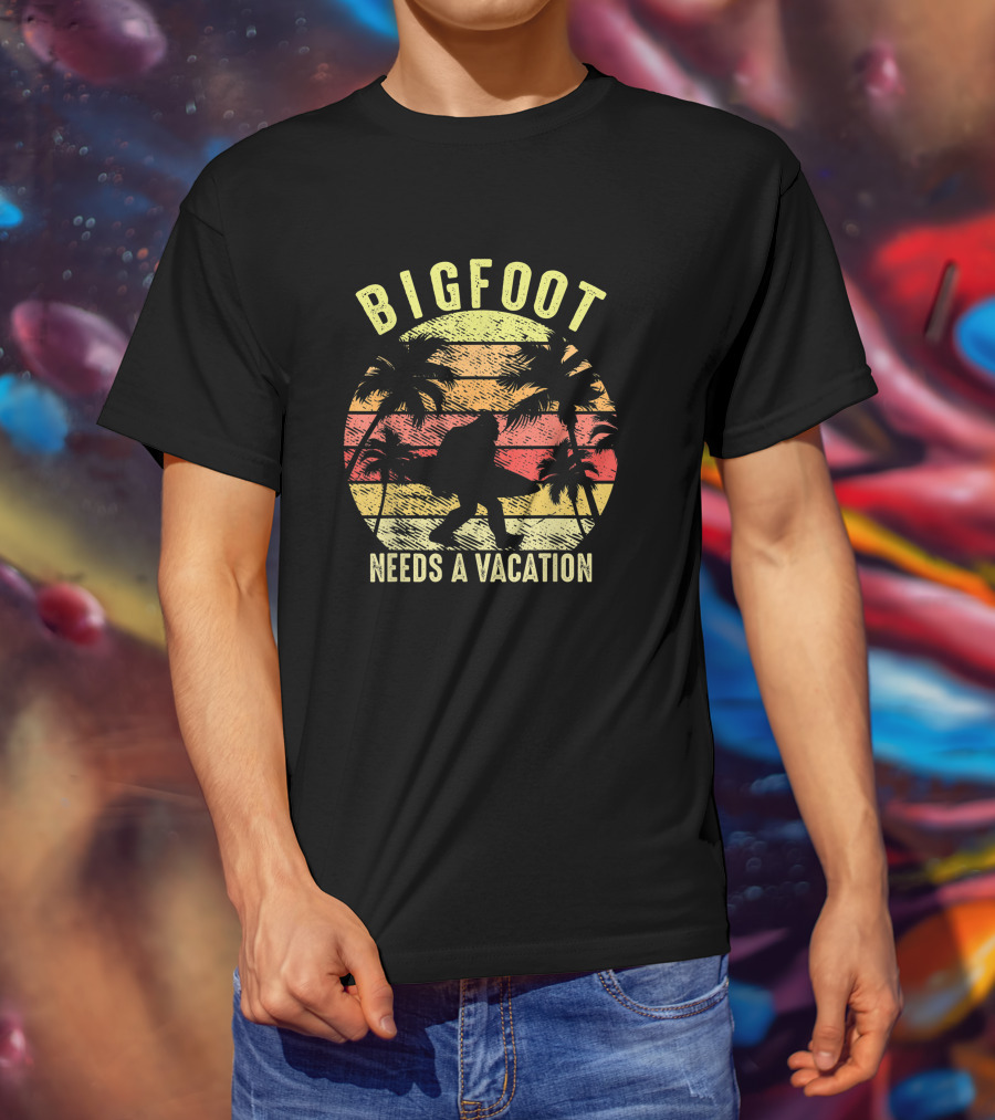 Bigfoot Needs A Vacation Retro Vintage Hawaiian Sunset T-Shirt