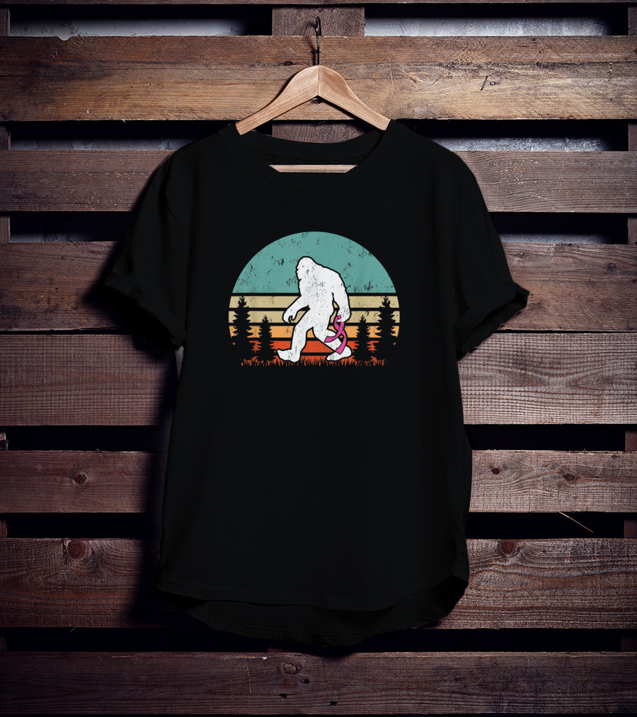 Vintage Bigfoot Breast Cancer Awareness Pink Ribbon Forest Sunset T-Shirt