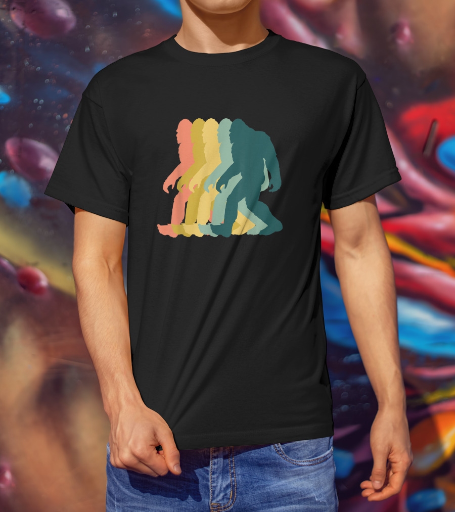 Vintage Retro Rainbow Walking Bigfoot Silhouette 1970s T-Shirt