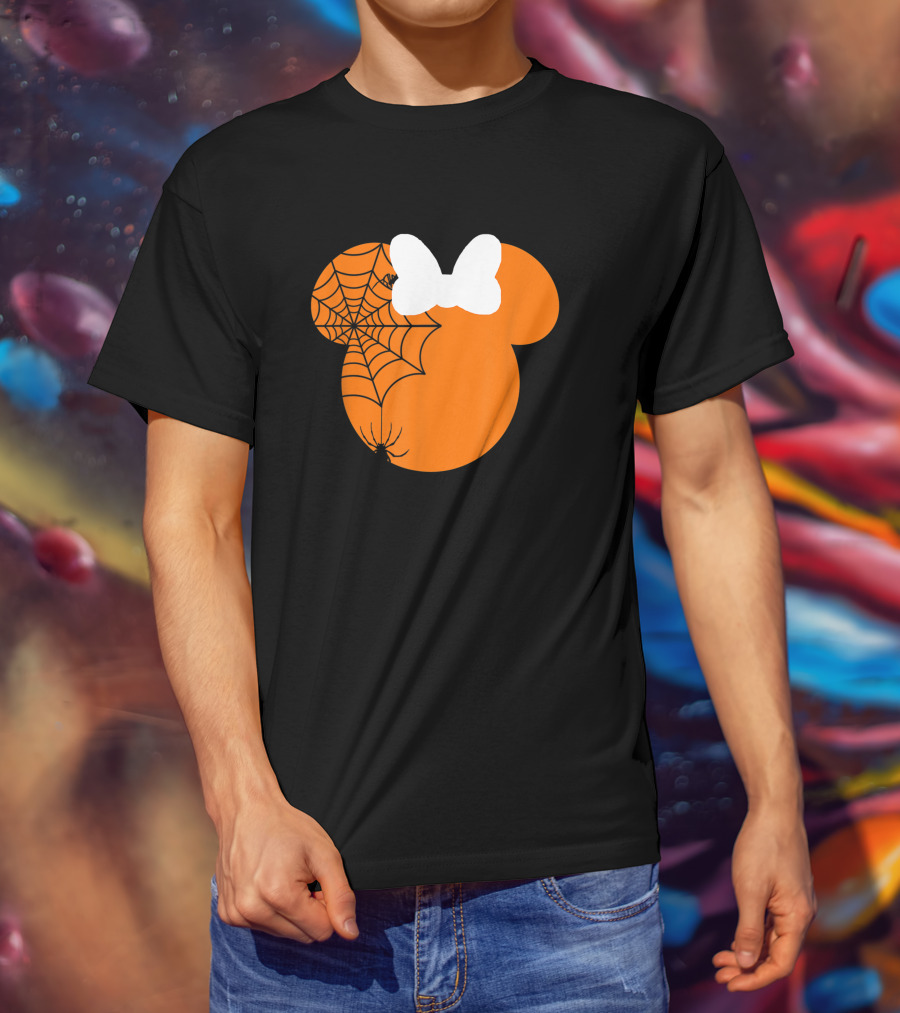 Cute Mouse Halloween Pumpkin With Bow And Spider Web T-Shirt