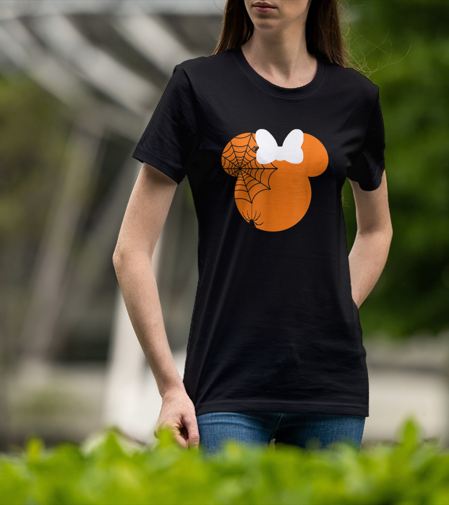 Cute Mouse Halloween Pumpkin With Bow And Spider Web T-Shirt