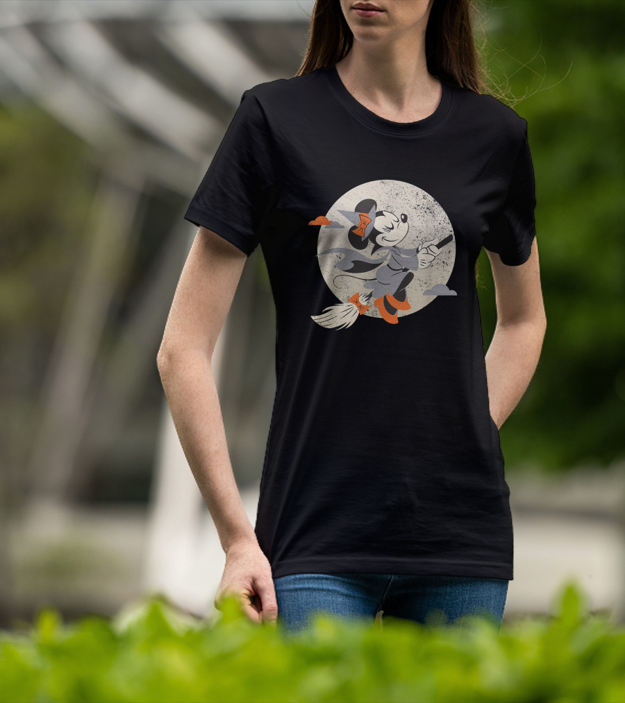 Disney Minnie Mouse Witch On Broomstick Full Moon Halloween T-Shirt