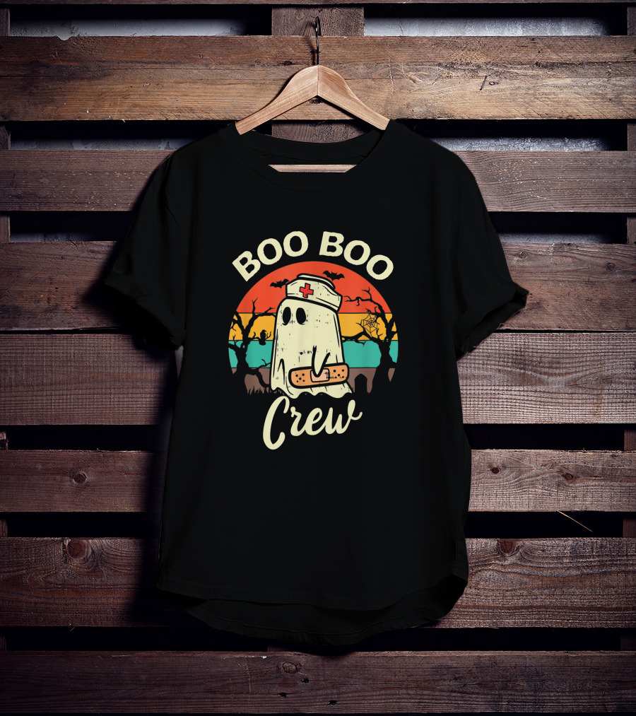 Boo Boo Crew Funny Nurse Ghost Halloween With Bats And Bandage T-Shirt