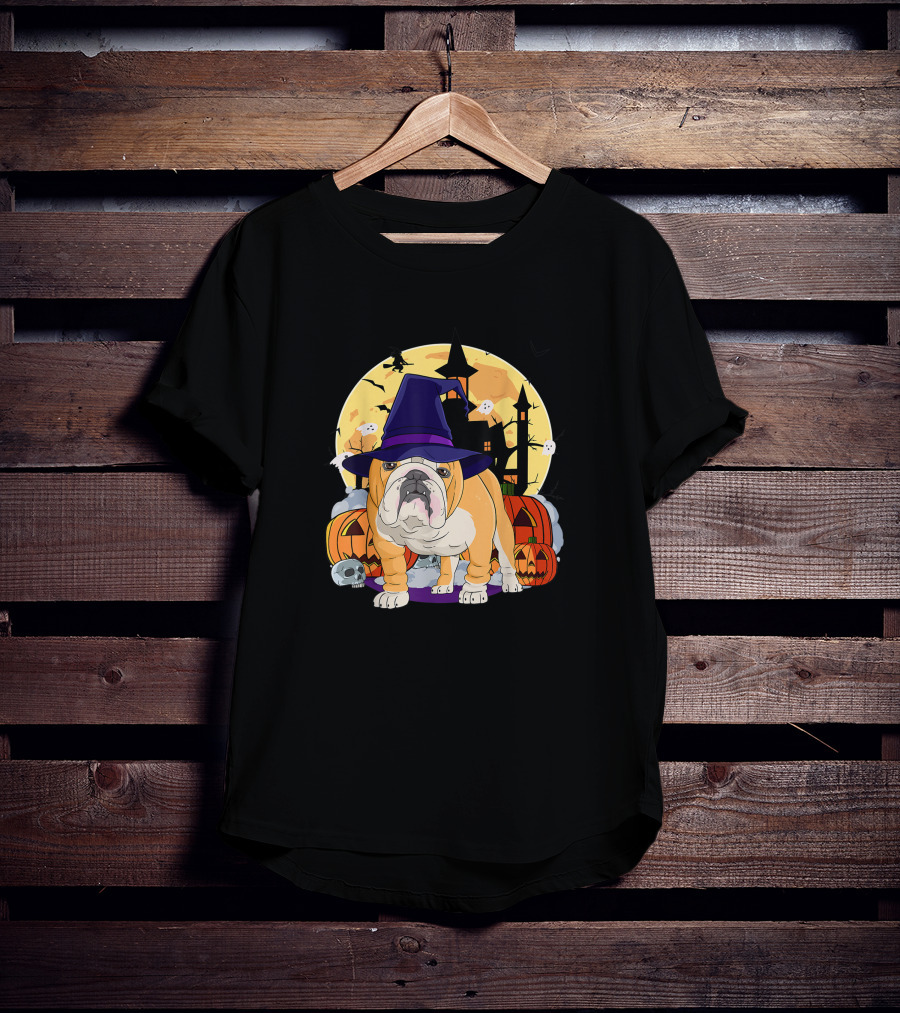 English Bulldog Witch Hat Halloween Pumpkins And Haunted House T-Shirt