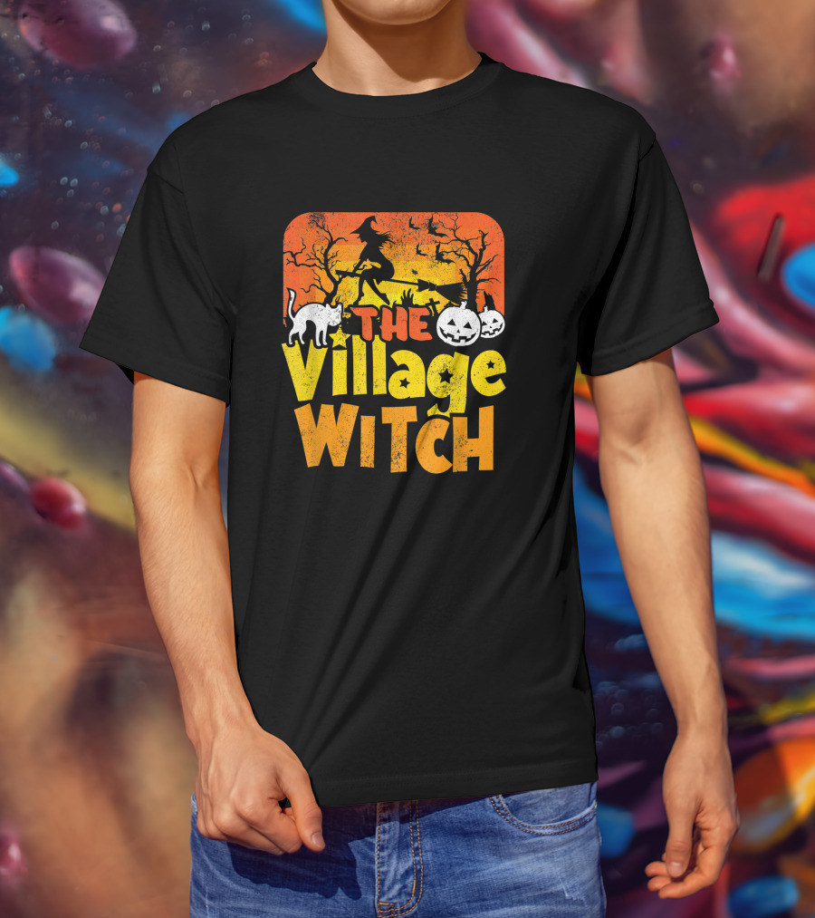 The Village Witch Funny Halloween Witch Pumpkin Cat Moon Scene T-Shirt