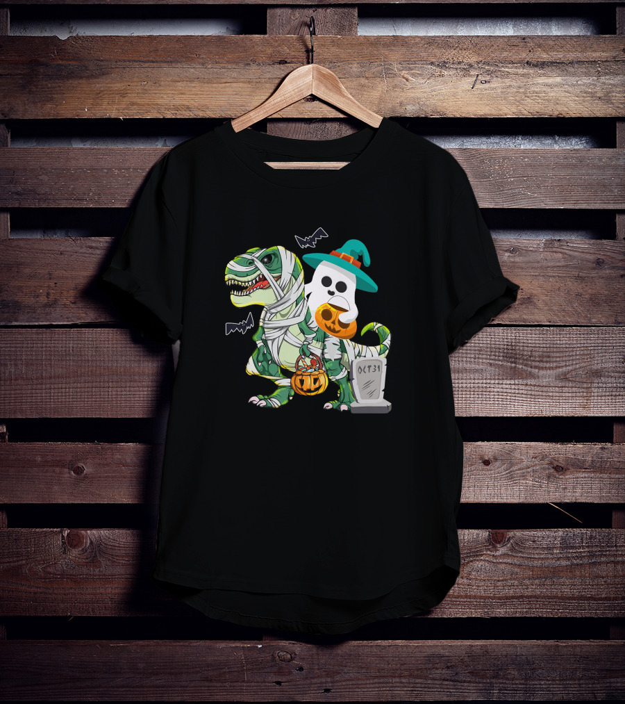 Ghostly Mummy Dinosaur With Pumpkin Candy And Oct 31 Tombstone T-Shirt