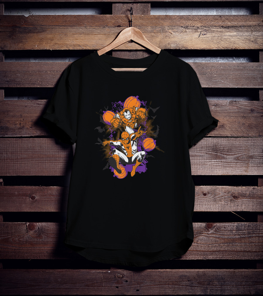 Marvel Spider-Man And Iron Man With Halloween Pumpkins T-Shirt