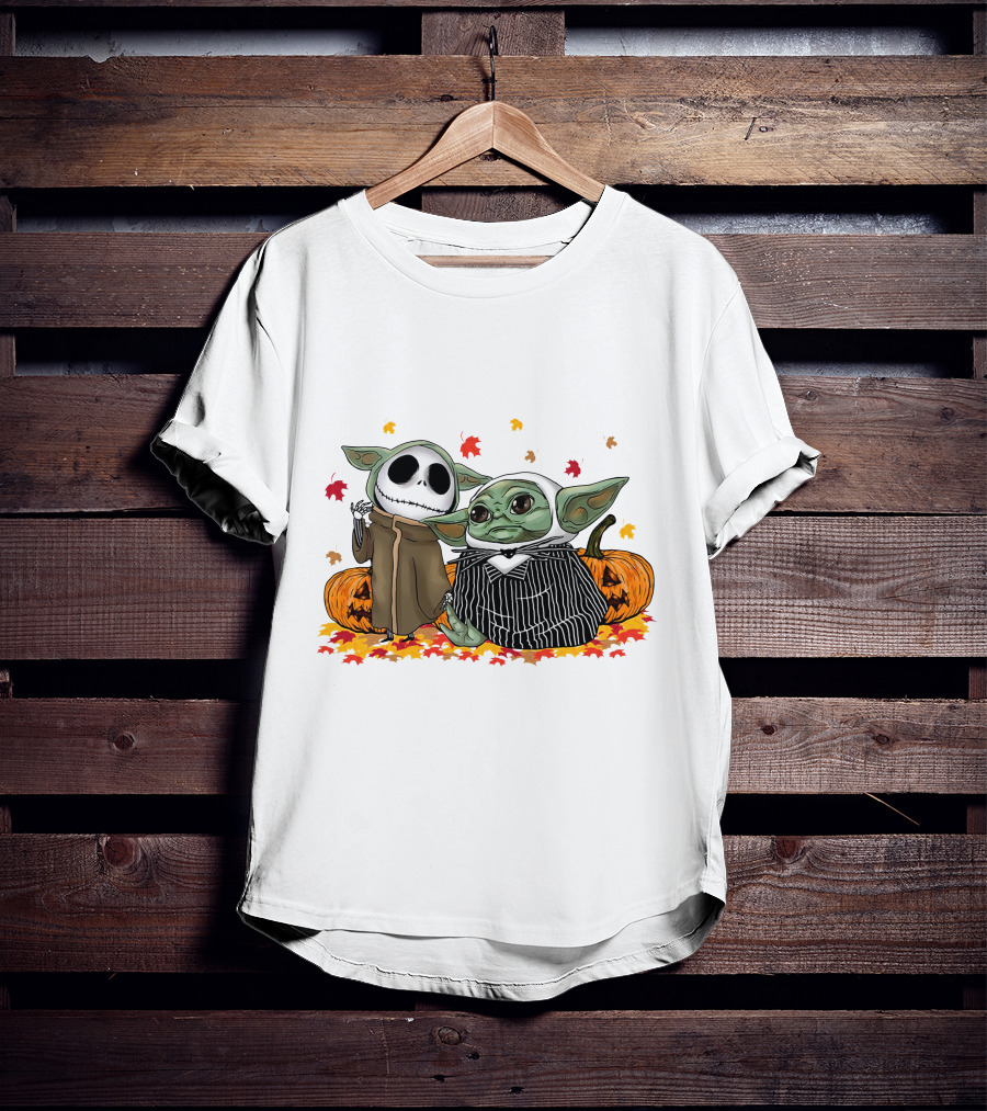 Baby Yoda And Jack Skellington In Halloween Pumpkin Scene T-Shirt