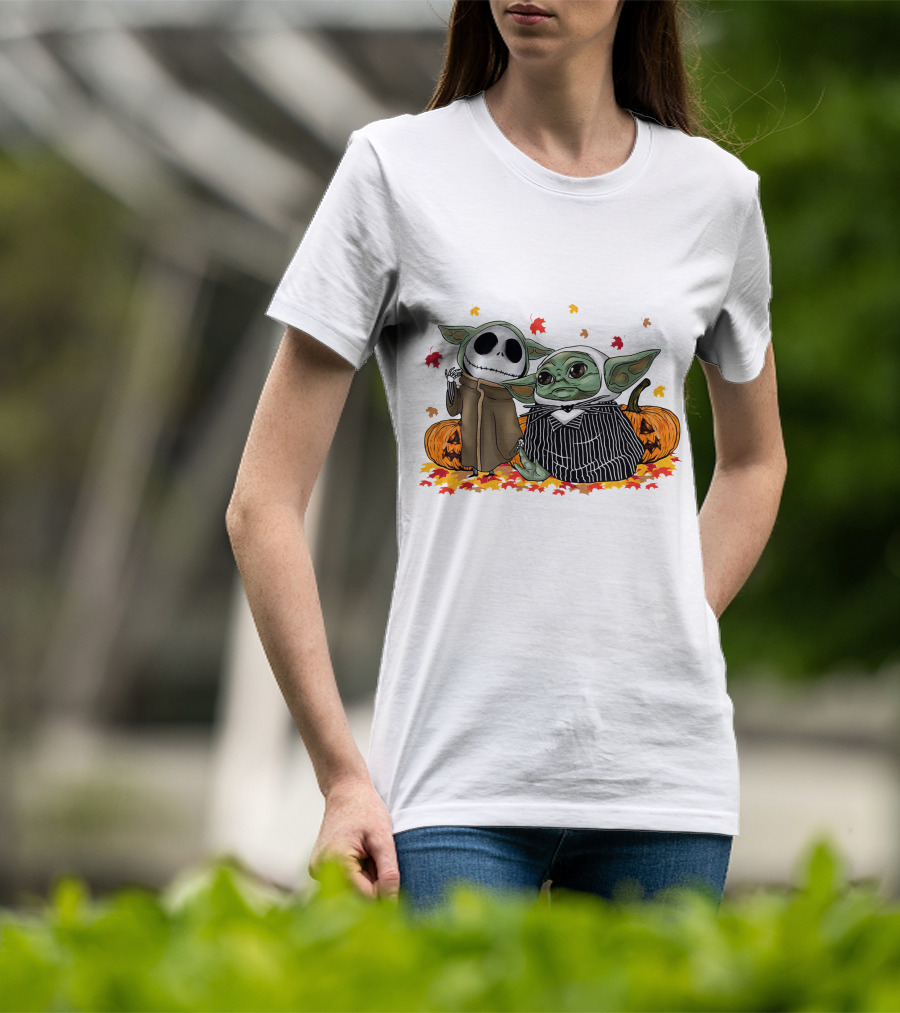 Baby Yoda And Jack Skellington In Halloween Pumpkin Scene T-Shirt