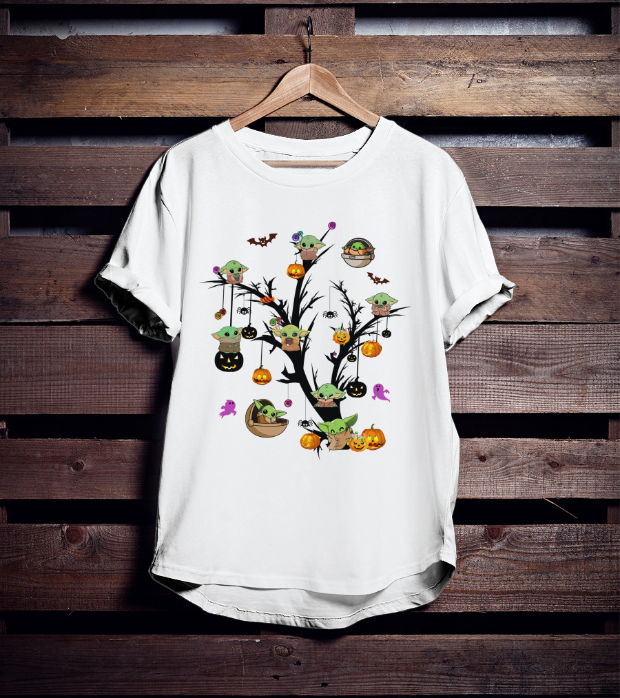 Spooky Halloween Baby Yoda Tree With Pumpkins And Bats T-Shirt