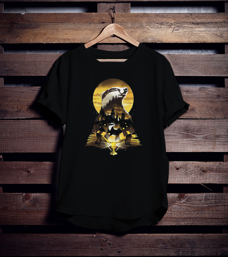 Hufflepuff Badger Hogwarts Skyline With Cup And Scarf T-Shirt