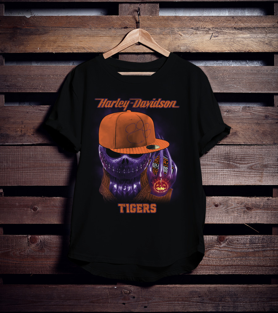 Harley Davidson Tigers Skull In Clemson Cap T-Shirt
