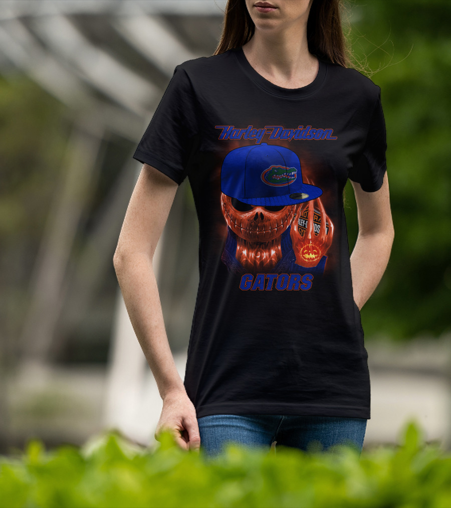 Harley Davidson Halloween Skull With Florida Gators Hat T-Shirt