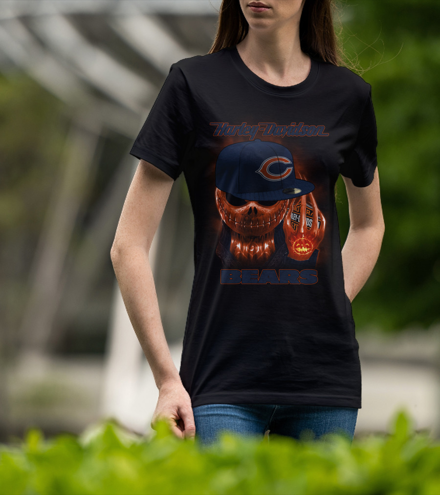 Harley Davidson Chicago Bears Halloween Pumpkin Skull T-Shirt