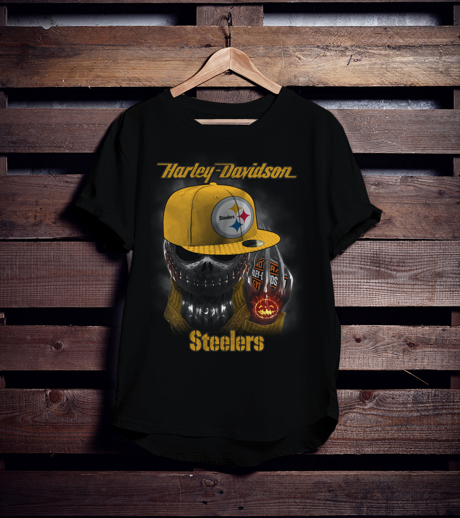 Harley Davidson Steelers Skull With Cap T-Shirt