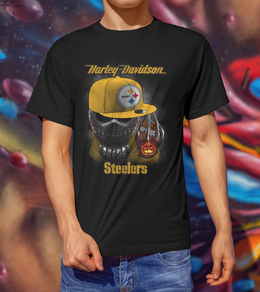 Harley Davidson Steelers Skull With Cap T-Shirt