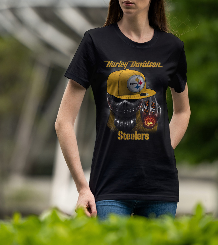 Harley Davidson Steelers Skull With Cap T-Shirt