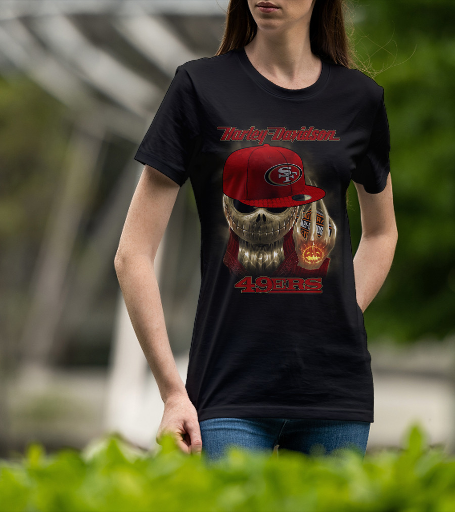 Harley Davidson Skull With San Francisco 49ers Cap T-Shirt