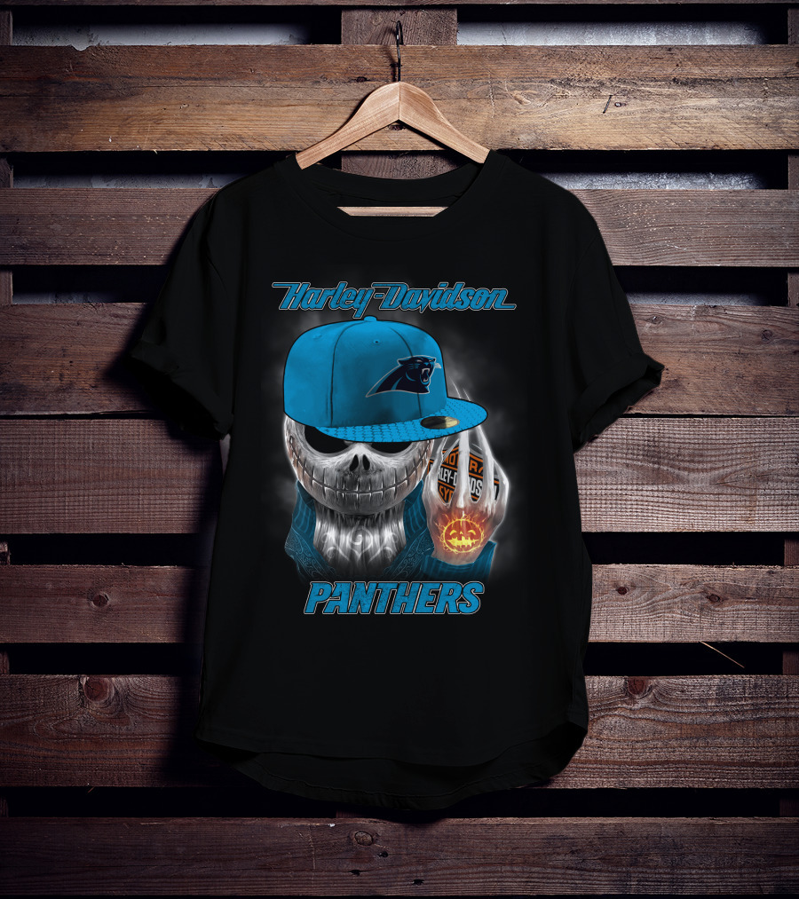 Harley Davidson Panthers Skull In Carolina Panthers Cap With Fiery Pumpkin And Harley Hand T-Shirt