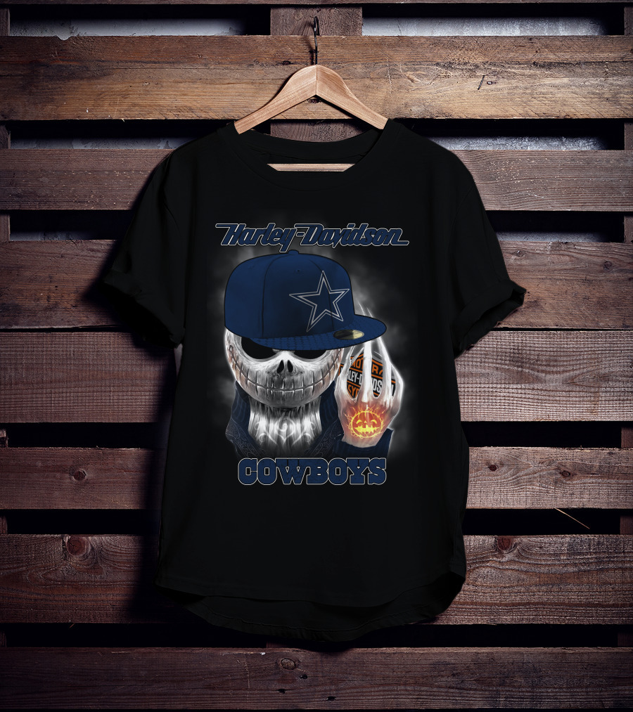 Harley Davidson Cowboys Skull With Dallas Cowboys Cap T-Shirt