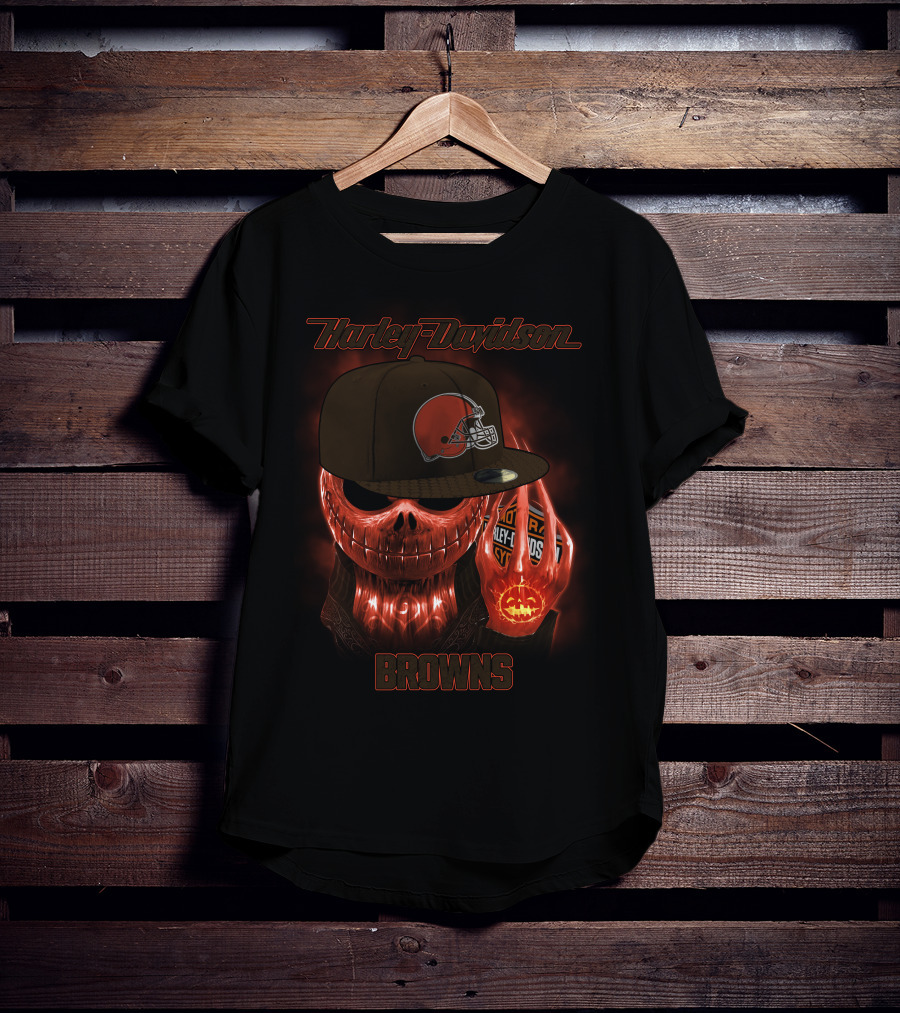 Harley Davidson Cleveland Browns Skeleton With Helmet Cap T-Shirt