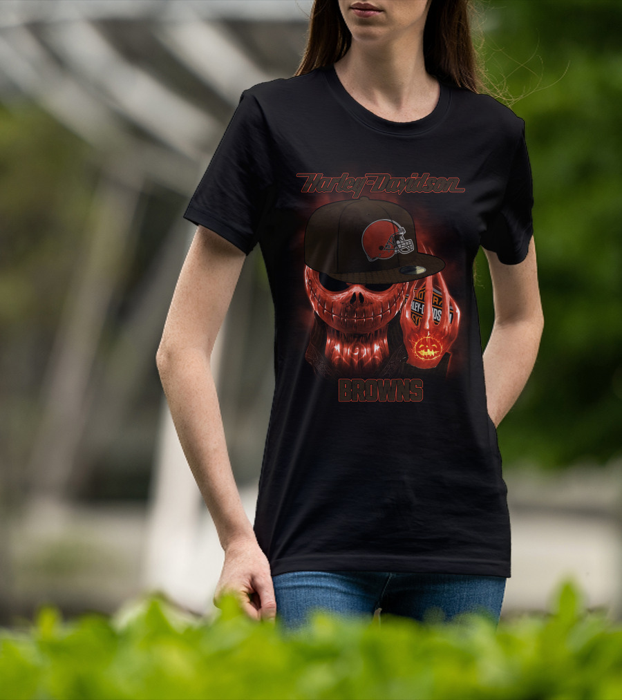 Harley Davidson Cleveland Browns Skeleton With Helmet Cap T-Shirt