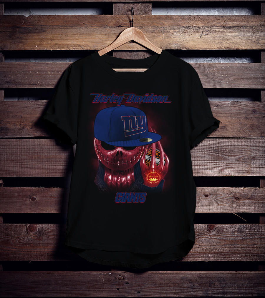 Harley Davidson New York Giants Skull With Cap And Pumpkin Lights T-Shirt