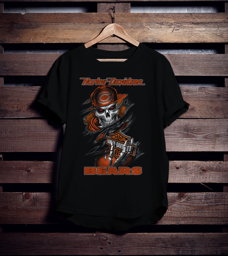 Harley Davidson Bears Skull With Chicago Orange Cap And Motor T-Shirt
