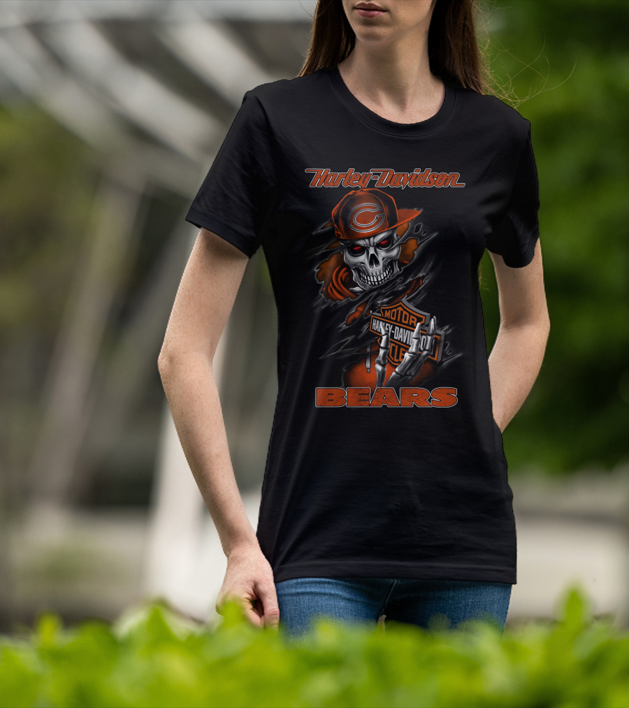 Harley Davidson Bears Skull With Chicago Orange Cap And Motor T-Shirt