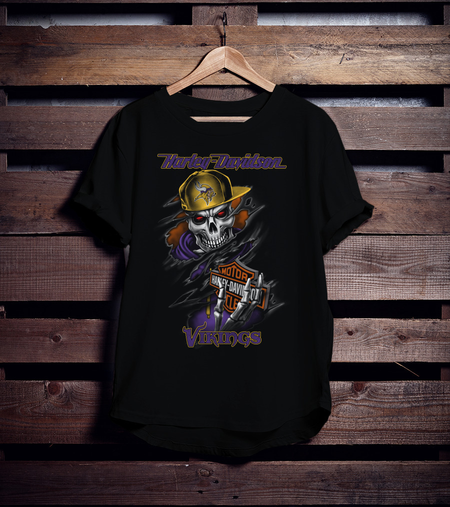 Harley Davidson Vikings Skull In Cap With Motorcycle T-Shirt