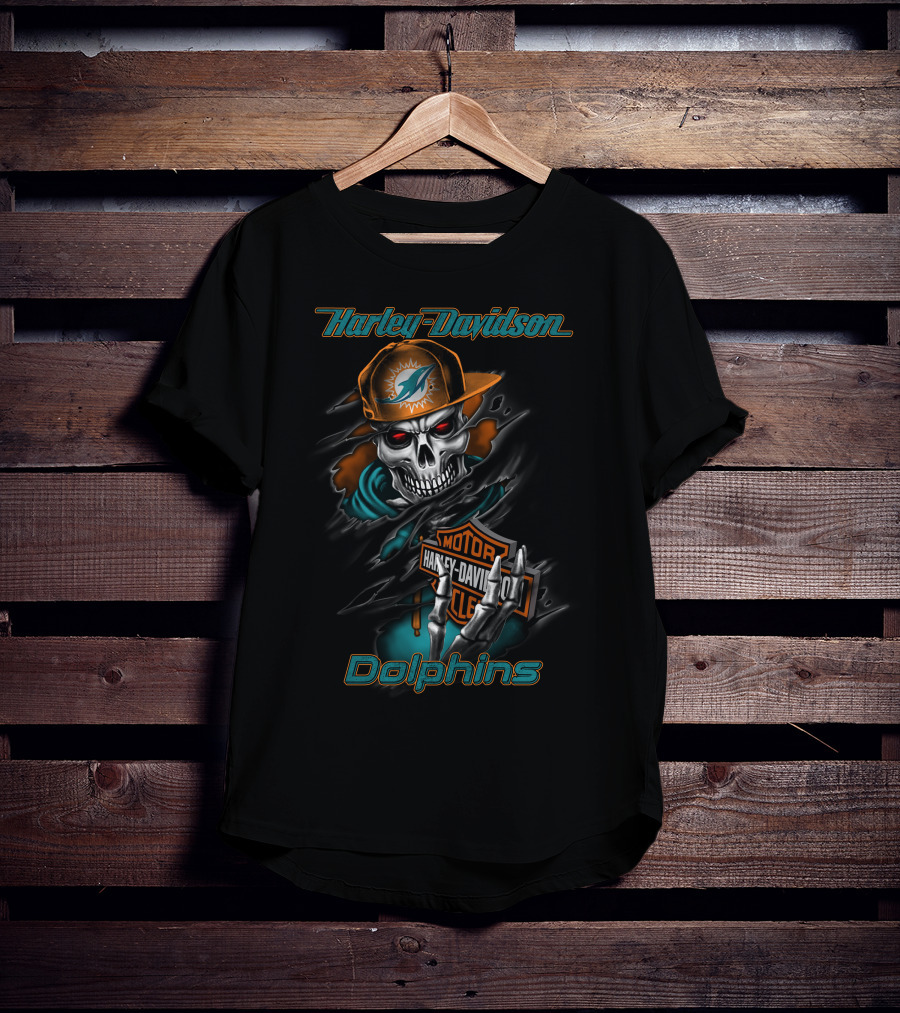 Harley Davidson Dolphins Motorcycle Skeleton With Miami Dolphins Cap T-Shirt