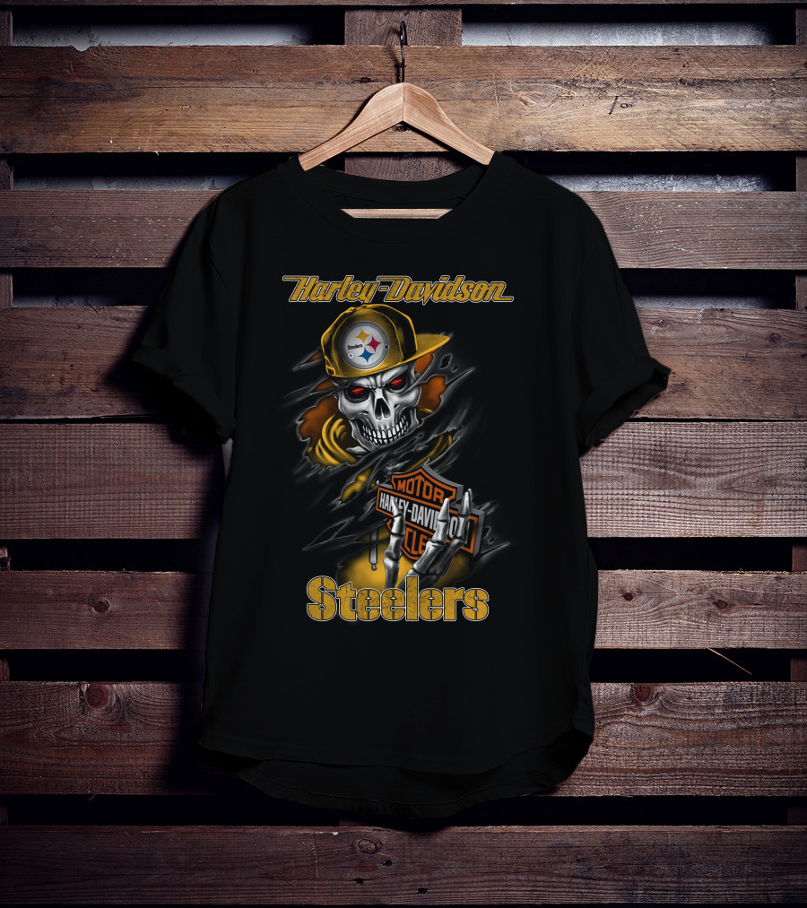 Harley Davidson Steelers Skeleton With Pittsburgh Steelers T-Shirt
