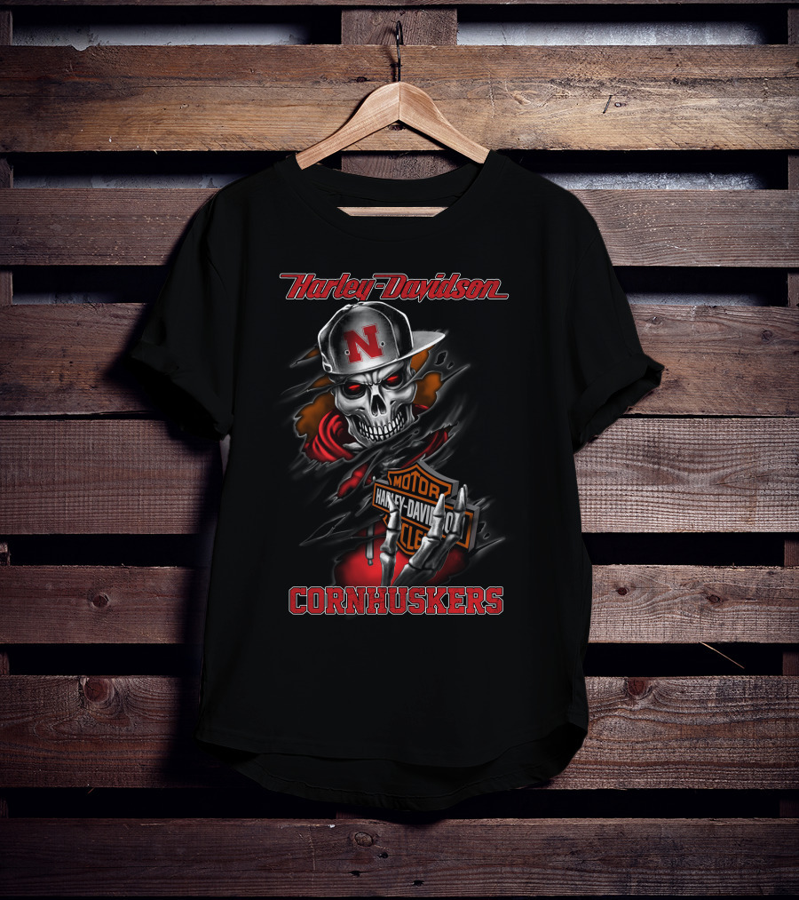 Harley Davidson Cornhuskers Skull With Cap T-Shirt