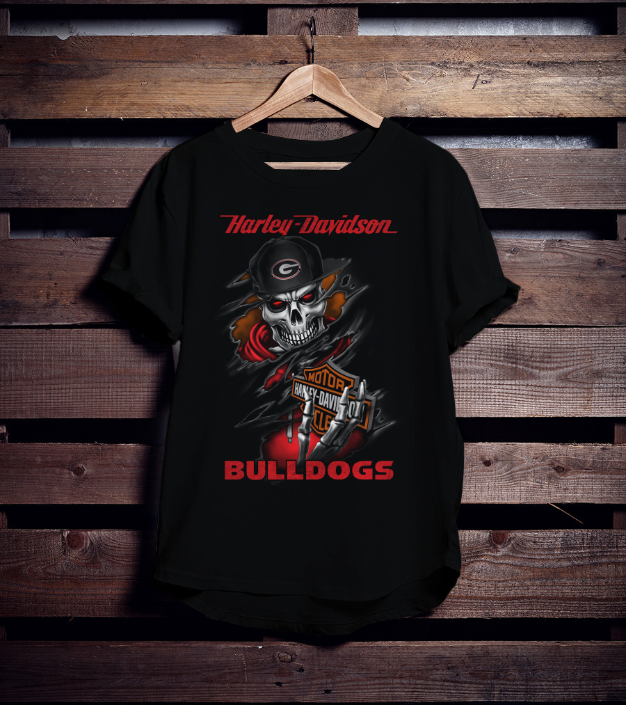 Harley Davidson Bulldogs Skeleton With Georgia T-Shirt