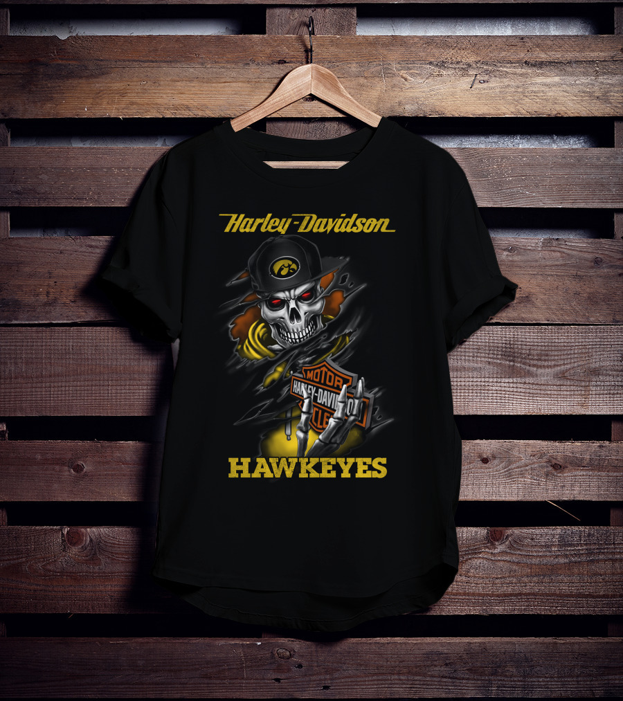 Harley Davidson Hawkeyes Skull With Iowa Logo And Motorcycle T-Shirt