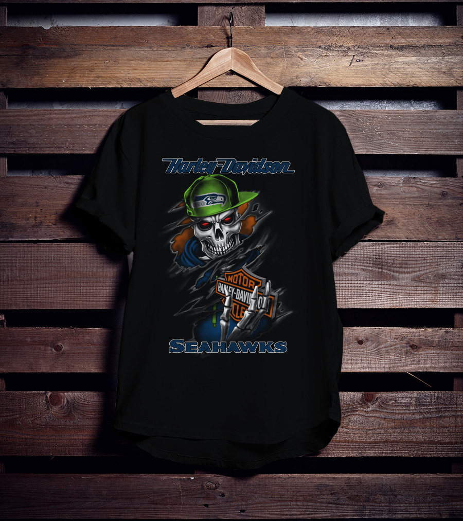 Harley Davidson Seattle Seahawks Skull With Hat And Motorcycle Moto Symbol T-Shirt