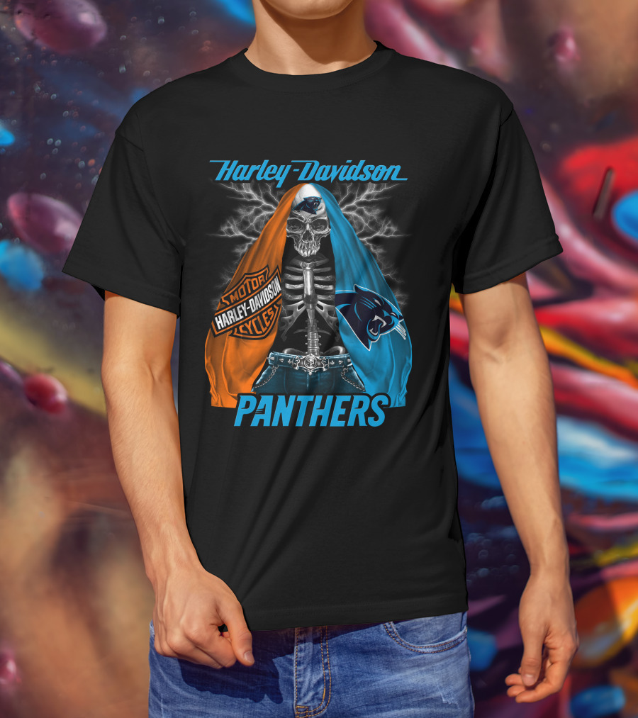 Harley Davidson Motorcycles Skeleton Carolina Panthers T-Shirt