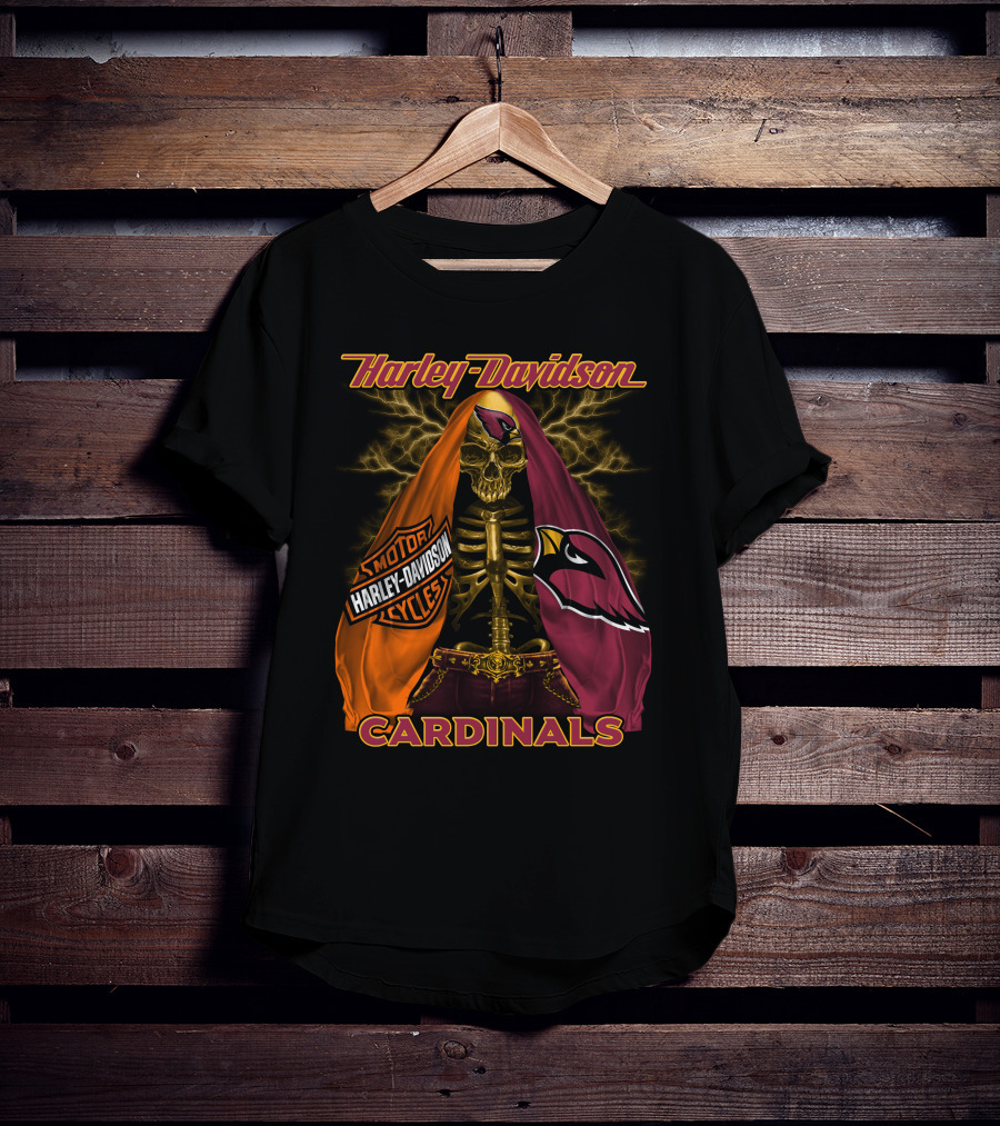 Harley Davidson Arizona Cardinals Skull And Skeleton With Logos T-Shirt