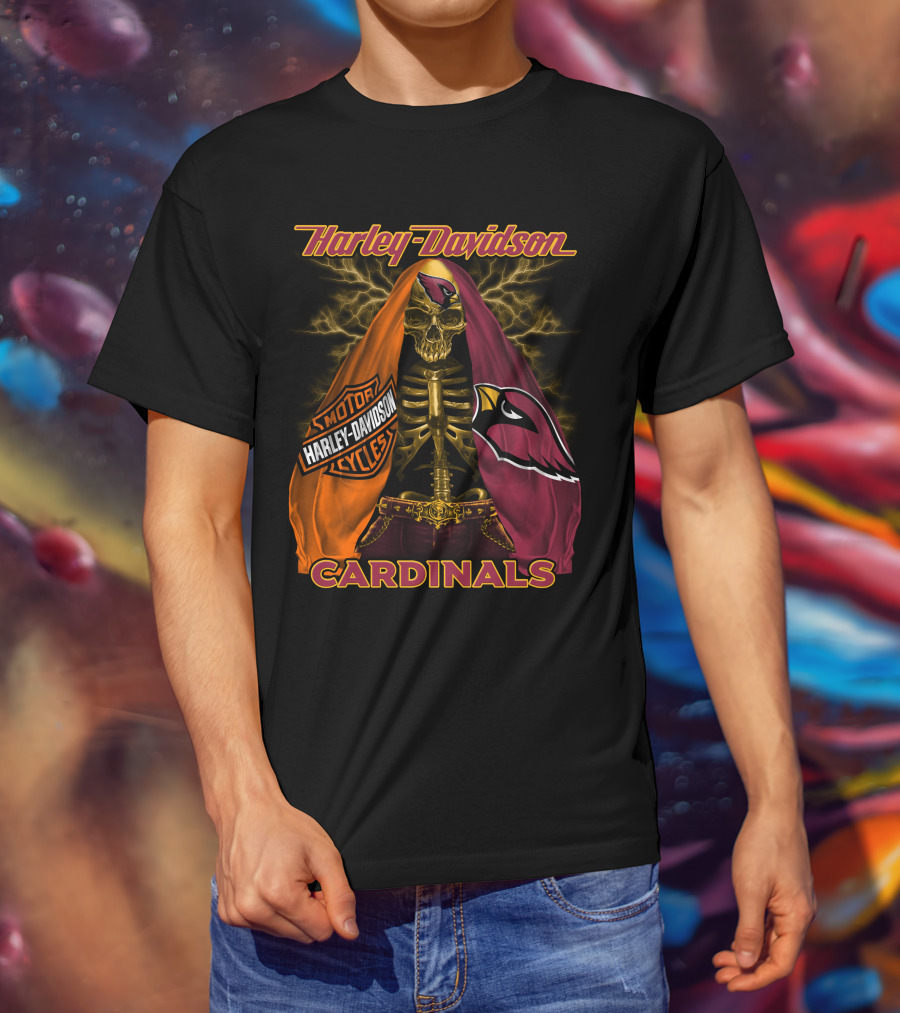 Harley Davidson Arizona Cardinals Skull And Skeleton With Logos T-Shirt
