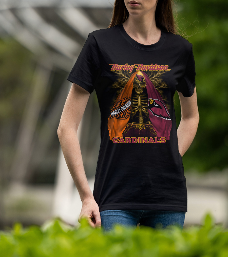 Harley Davidson Arizona Cardinals Skull And Skeleton With Logos T-Shirt